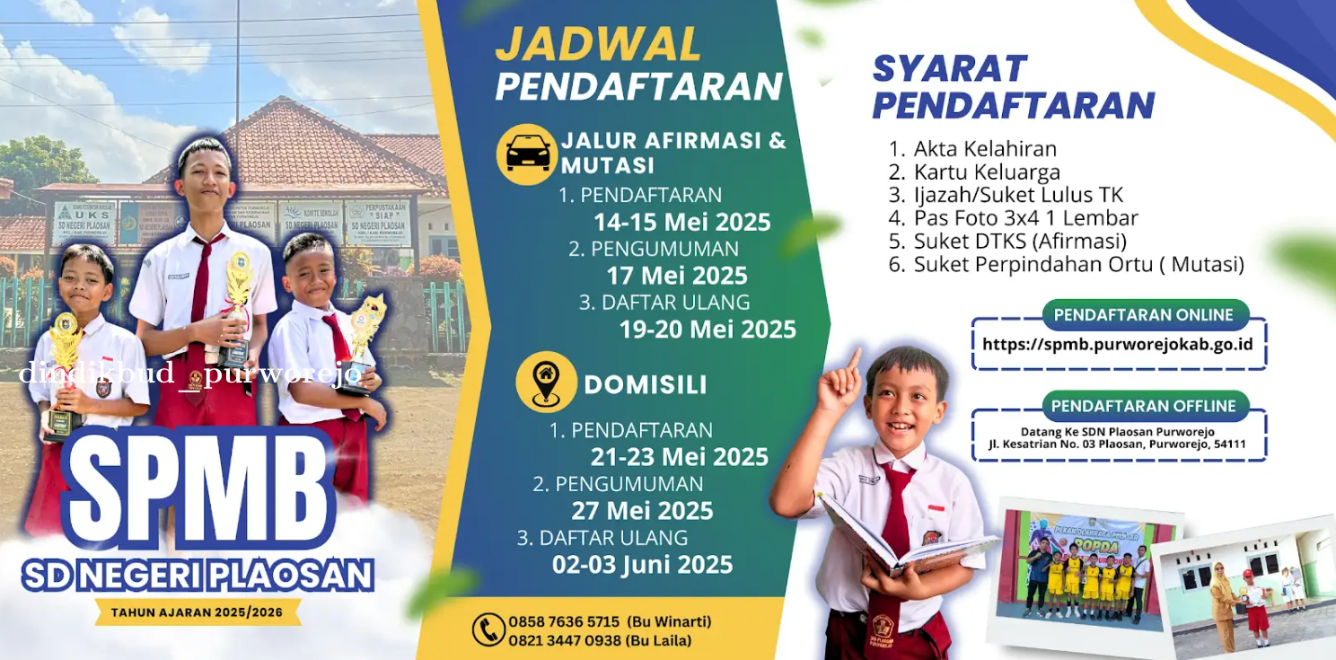 SELEKSI PENERIMAAN PESERTA DIDIK BARU SD NEGERI PLAOSAN TAHUN AJARAN 2025/2026 TELAH SELESAI DILAKSANAKAN